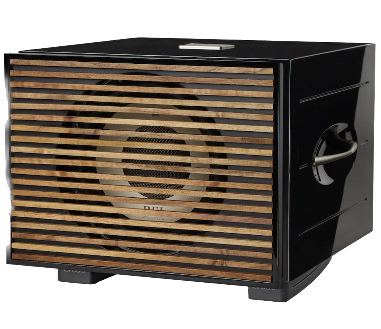 REL S/850 Subwoofer in black, with wooden grille