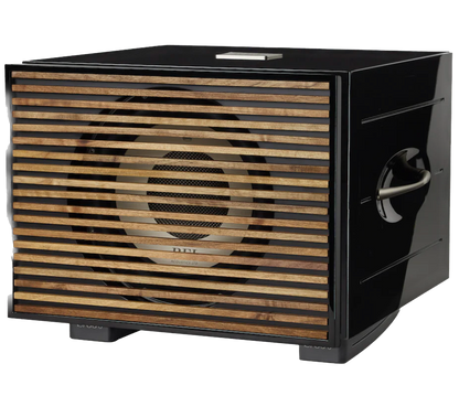 REL S/850 Subwoofer in black, with wooden grille