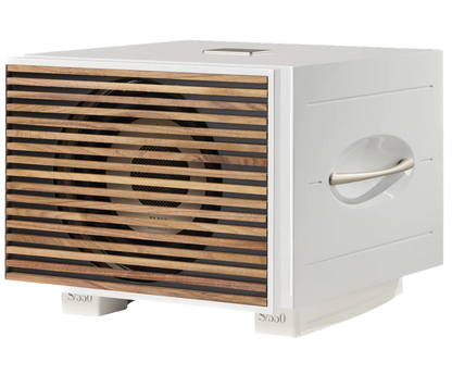 REL S/850 Subwoofer in white, with wooden grille