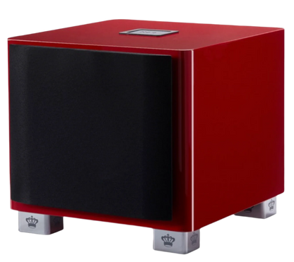 REL T/9x Subwoofer Limited Edition Italian Racing Red, angled, with grille