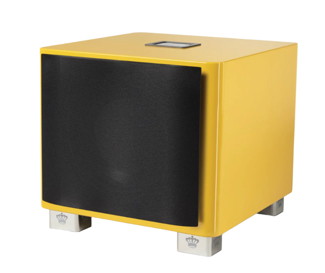 REL T/9x Subwoofer Limited Edition Le Mon Yellow, angled with grille