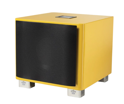 REL T/9x Subwoofer Limited Edition Le Mon Yellow, angled with grille