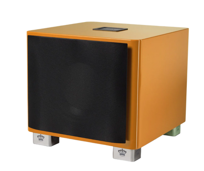 REL T/9x Subwoofer Limited Edition Tangerine Dream, with grille on an angle