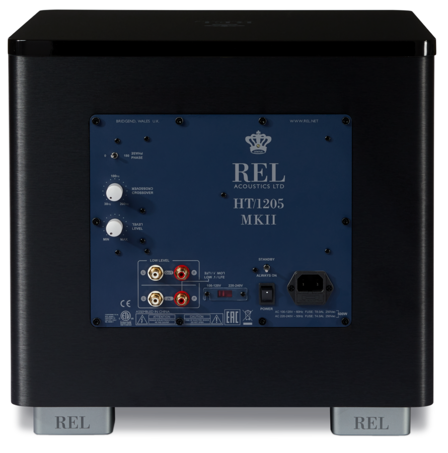 The REL Acoustics HT1205 MKII subwoofer. Rear image
