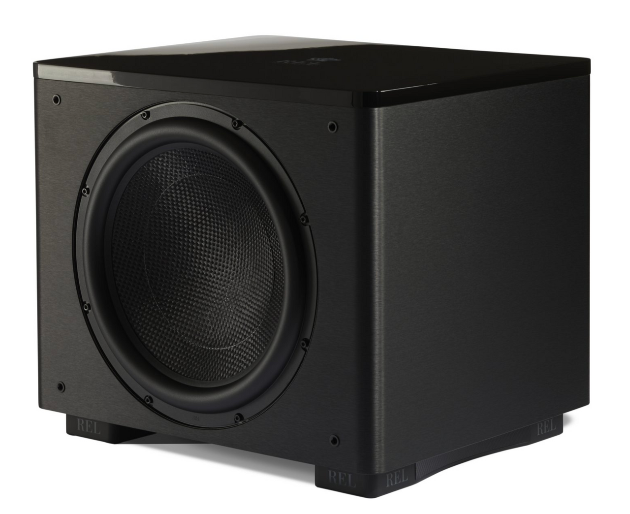 REL Acoustics HT/1510 Predator  II subwoofer in Black, angled view without grille 