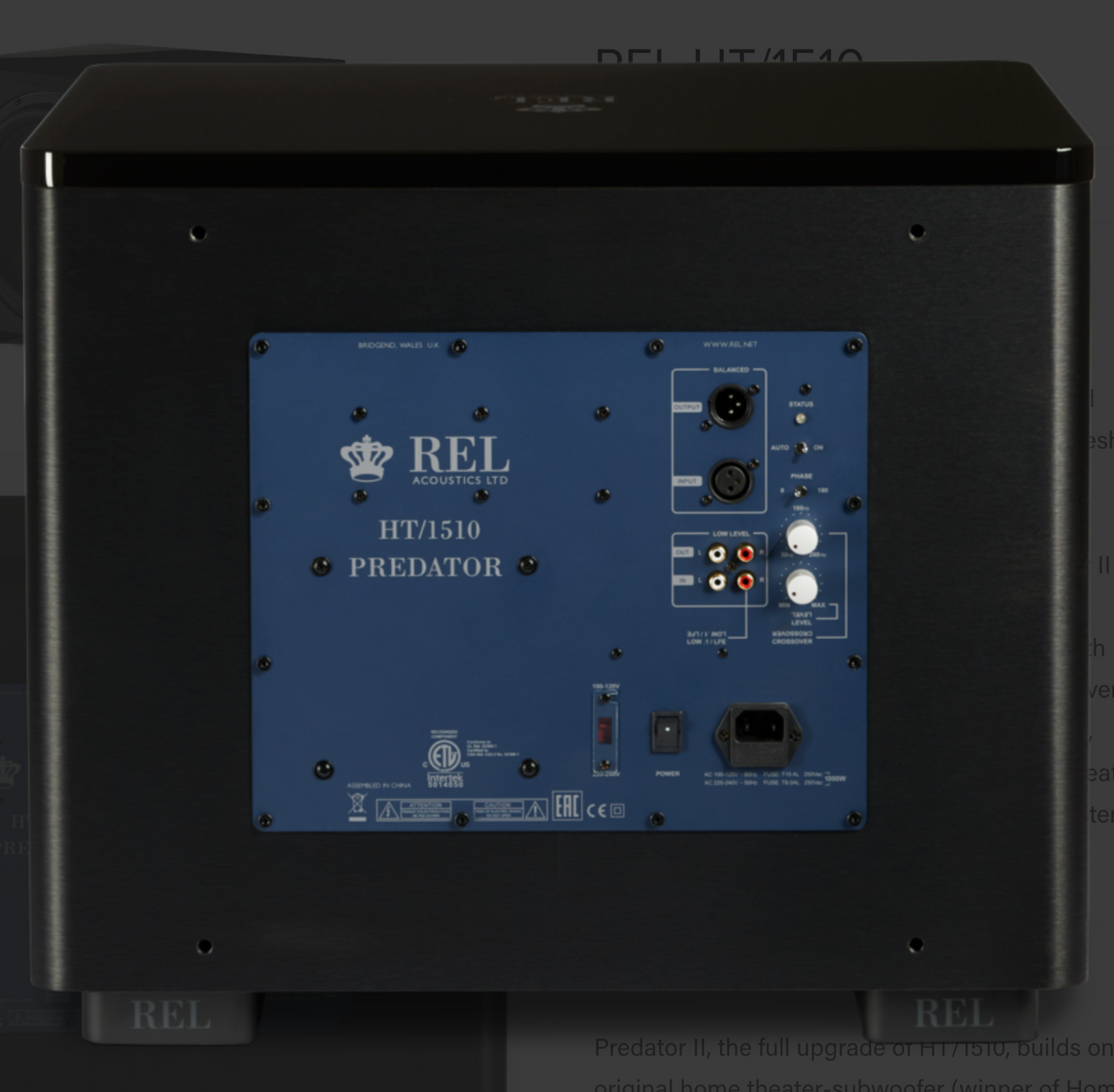 REL Acoustics HT/1510 Predator  II subwoofer in Black, rear view 