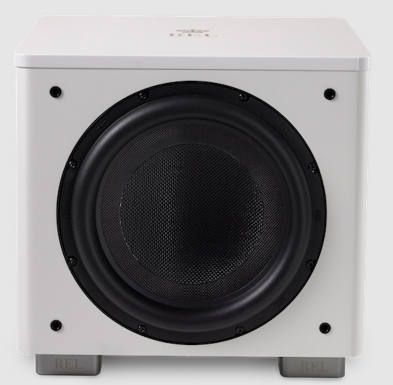 REL Acoustics HT/1510 Predator  II subwoofer in White, front view without grille