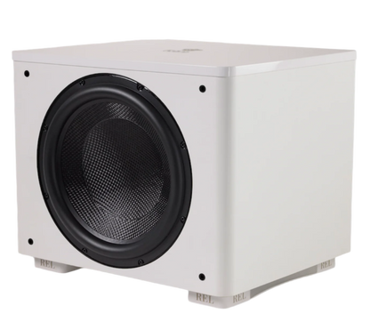 REL Acoustics HT/1510 Predator  II subwoofer in White, angled view without grille 