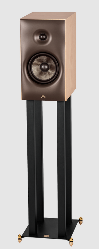 Revival Audio SPRINT 3 Bookshelf Speaker, individual, angled view on stand in Blonde Oak.  