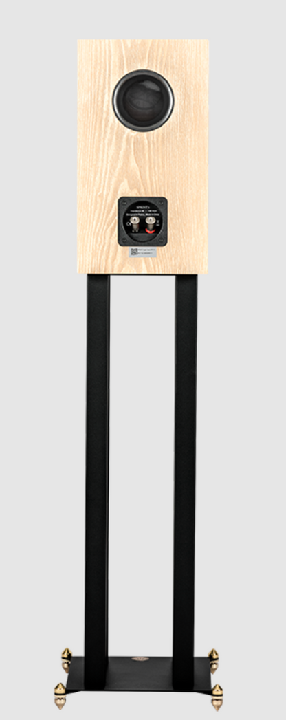 Revival Audio SPRINT 3 Bookshelf Speaker, individual, back view on stand in Blonde Oak.  