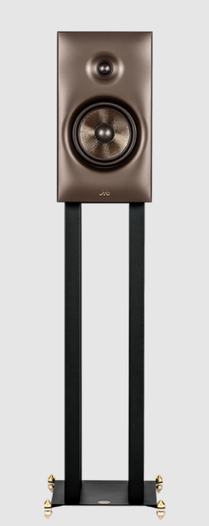 Revival Audio SPRINT 3 Bookshelf Speaker, individual, front view on stand in Matt Black.  