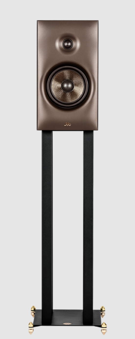 Revival Audio SPRINT 3 Bookshelf Speaker, individual, front view on stand in Matt Black.  