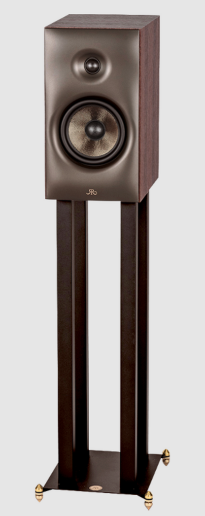 Revival Audio SPRINT 3 Bookshelf Speaker, individual, angled view on stand in Walnut.  