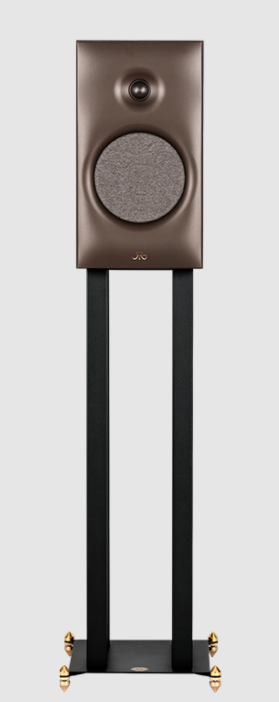 Revival Audio SPRINT 3 Bookshelf Speaker, individual, front view on stand in Walnut.  