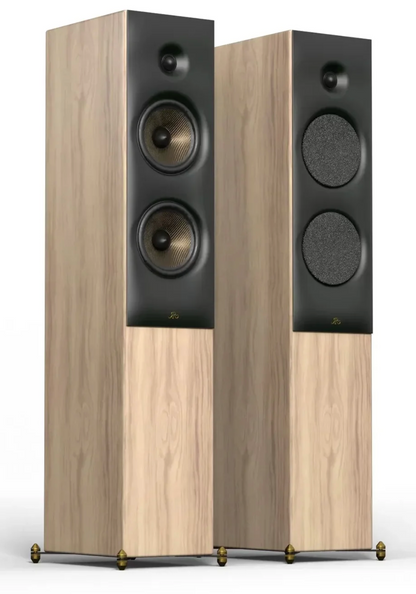 Revival Audio SPRINT 4 Floorstanding Speakers, Pair in Blonde Oak.  Image shows front without and with grille.