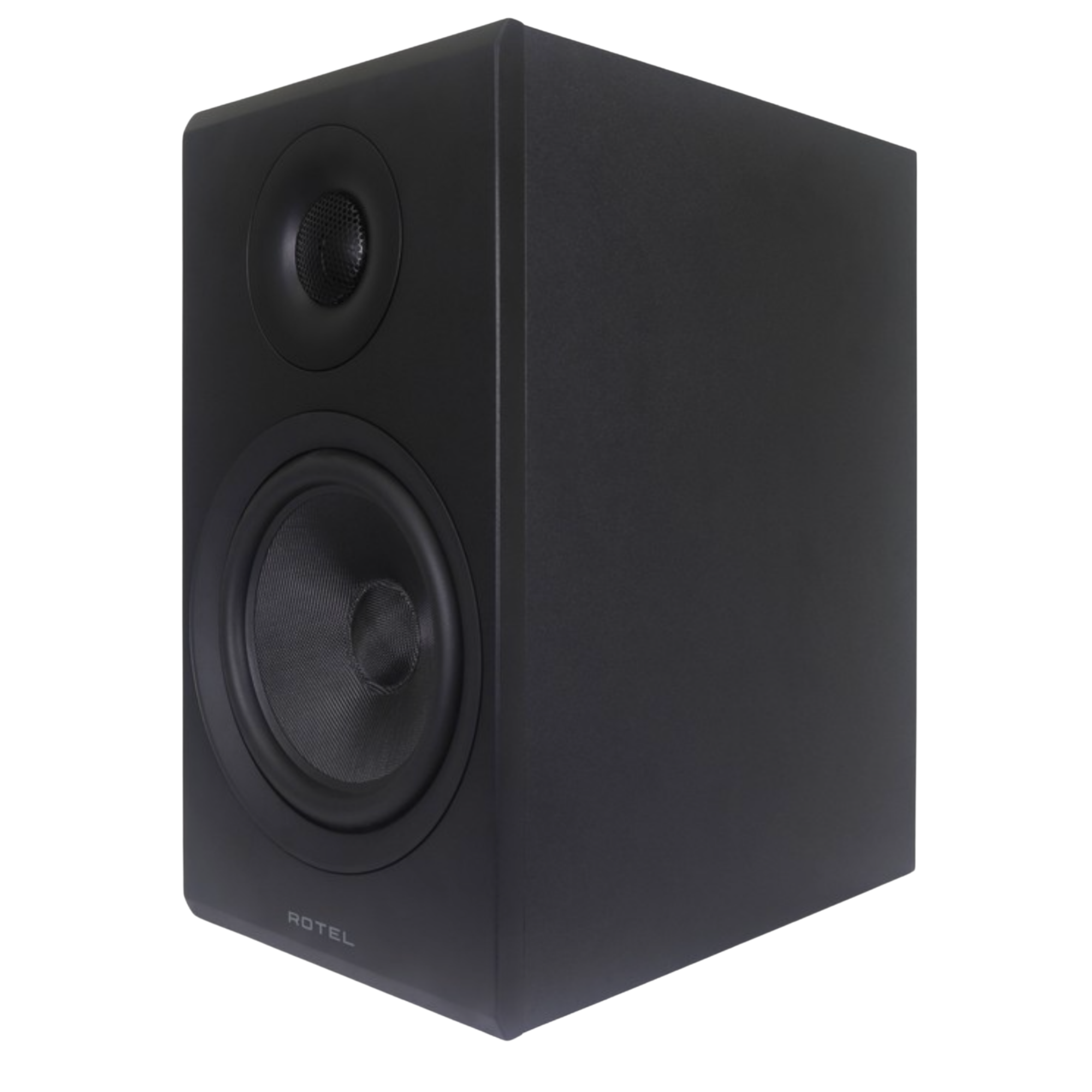 Rotel Amora 5 Bookshelf Speakers.  Angled view of individual speaker in Black shown, without grille