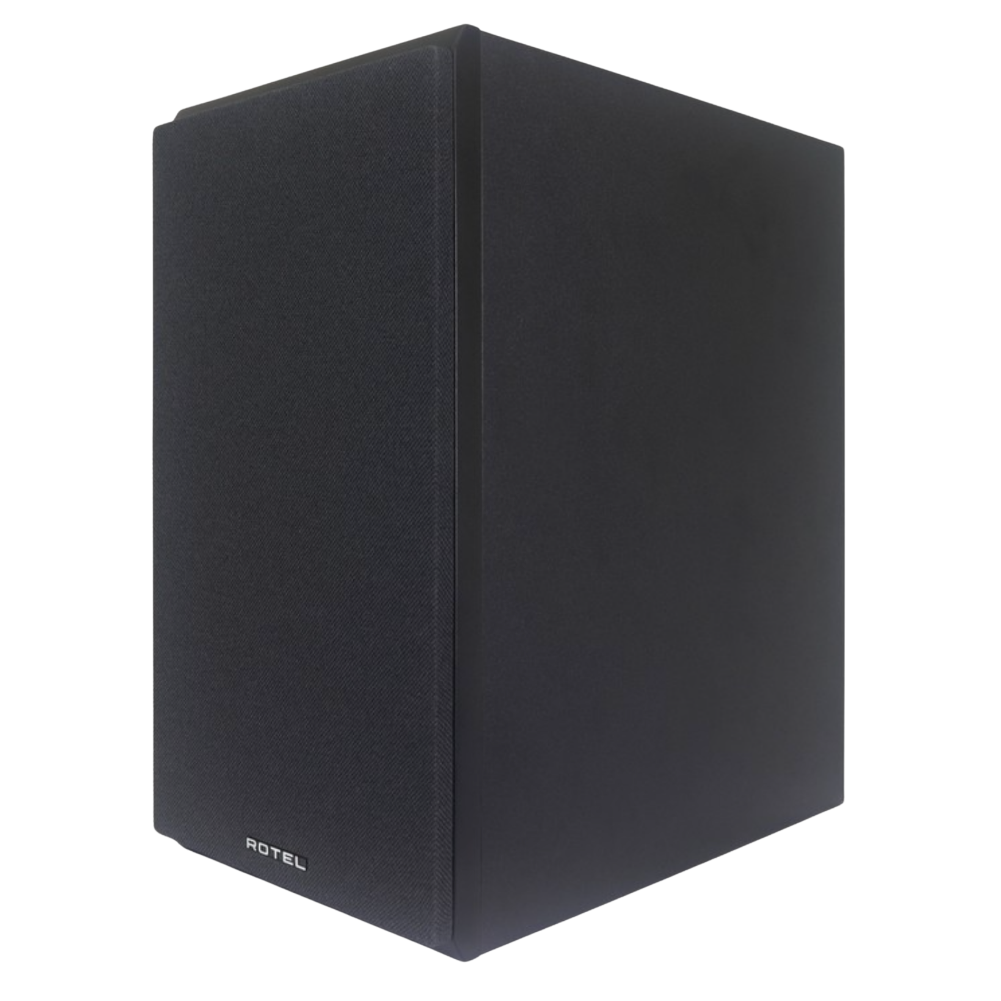 Rotel Amora 5 Bookshelf Speakers.  Angled view of individual speaker in Black shown, with grille