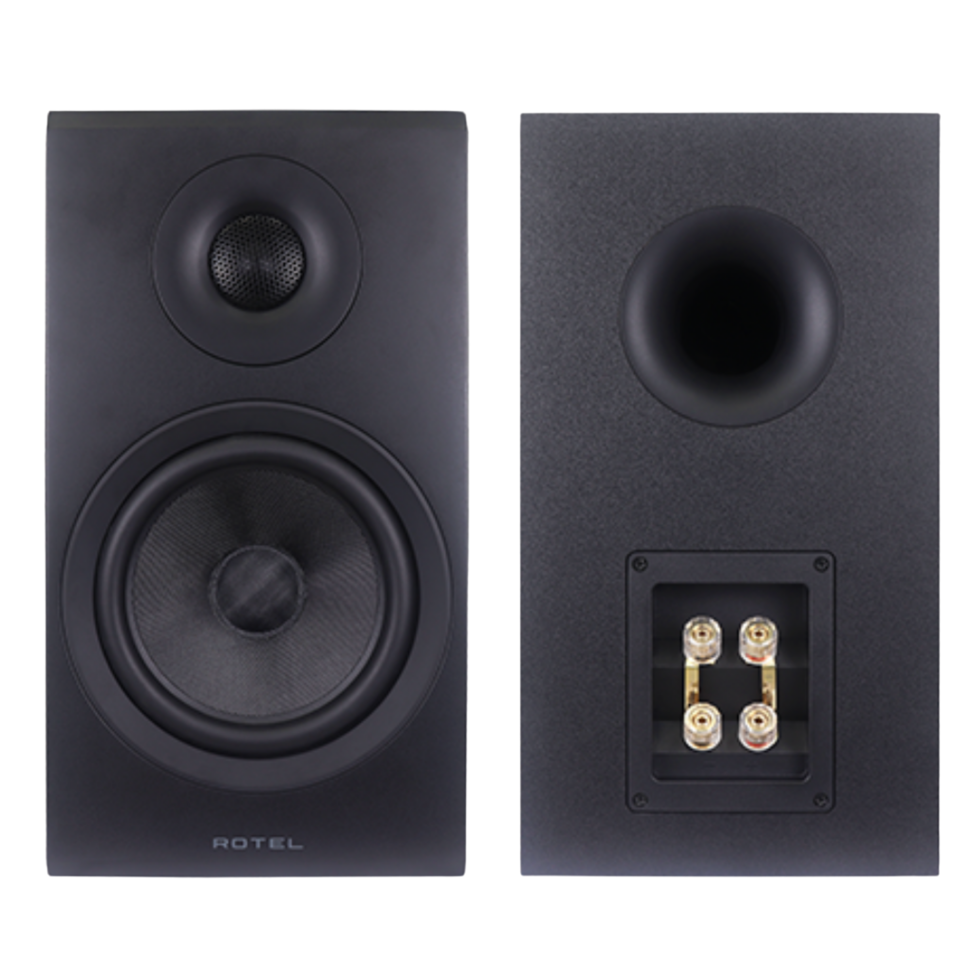Rotel Amora 5 Bookshelf Speakers.  Front and back of speakers in Black 