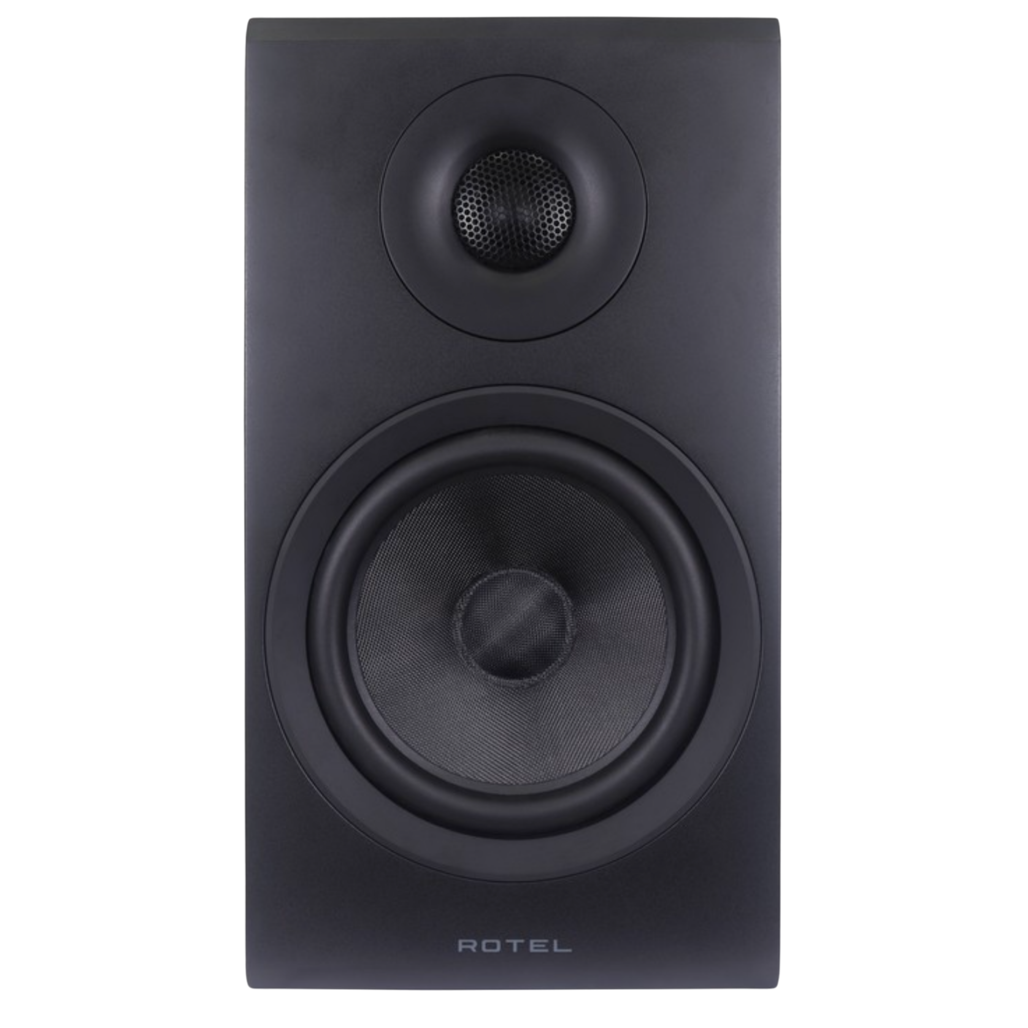 Rotel Amora 5 Bookshelf Speakers.  Front of individual speaker in Black shown, without grille