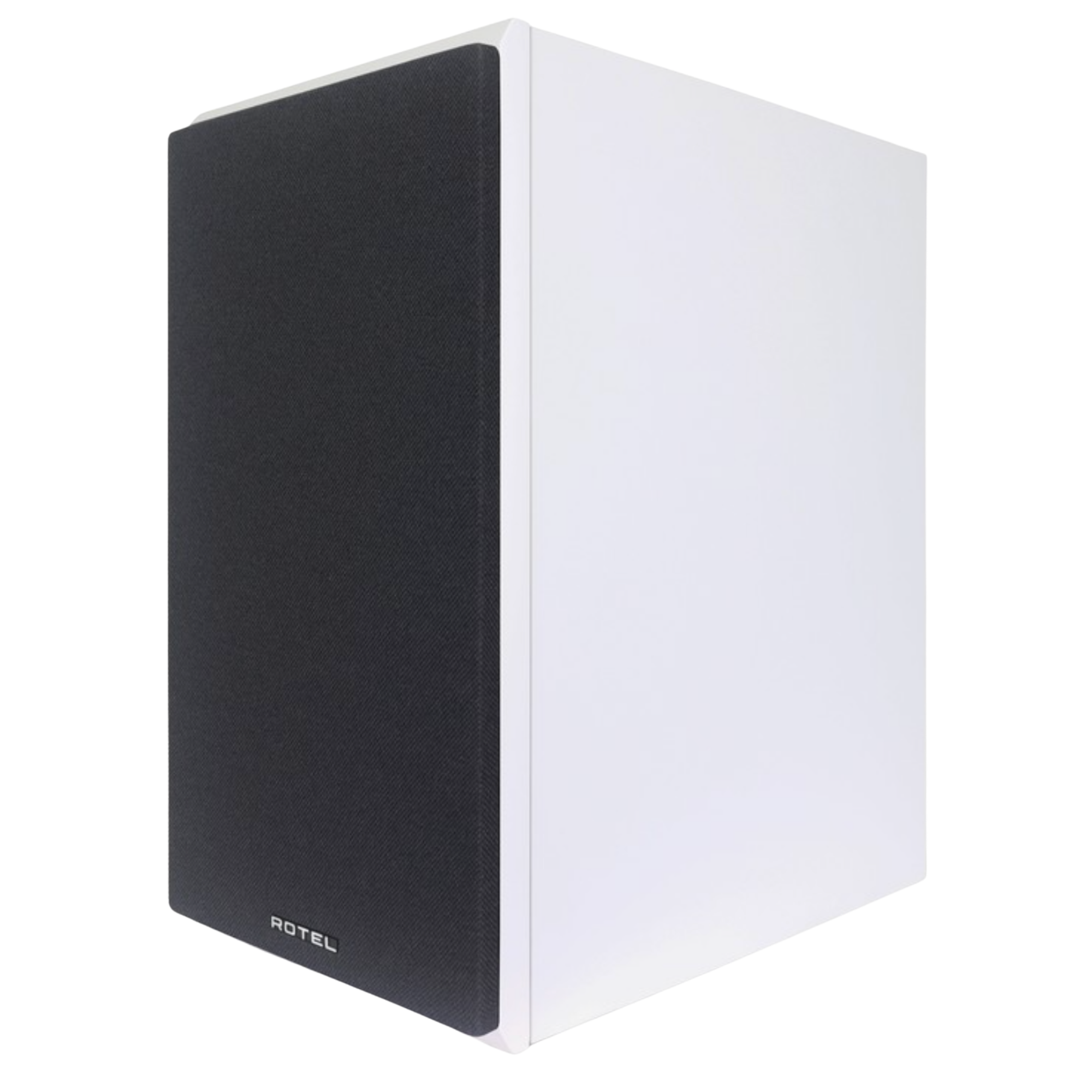 Rotel Amora 5 Bookshelf Speakers.  Angled view of individual speaker in White shown, with grille