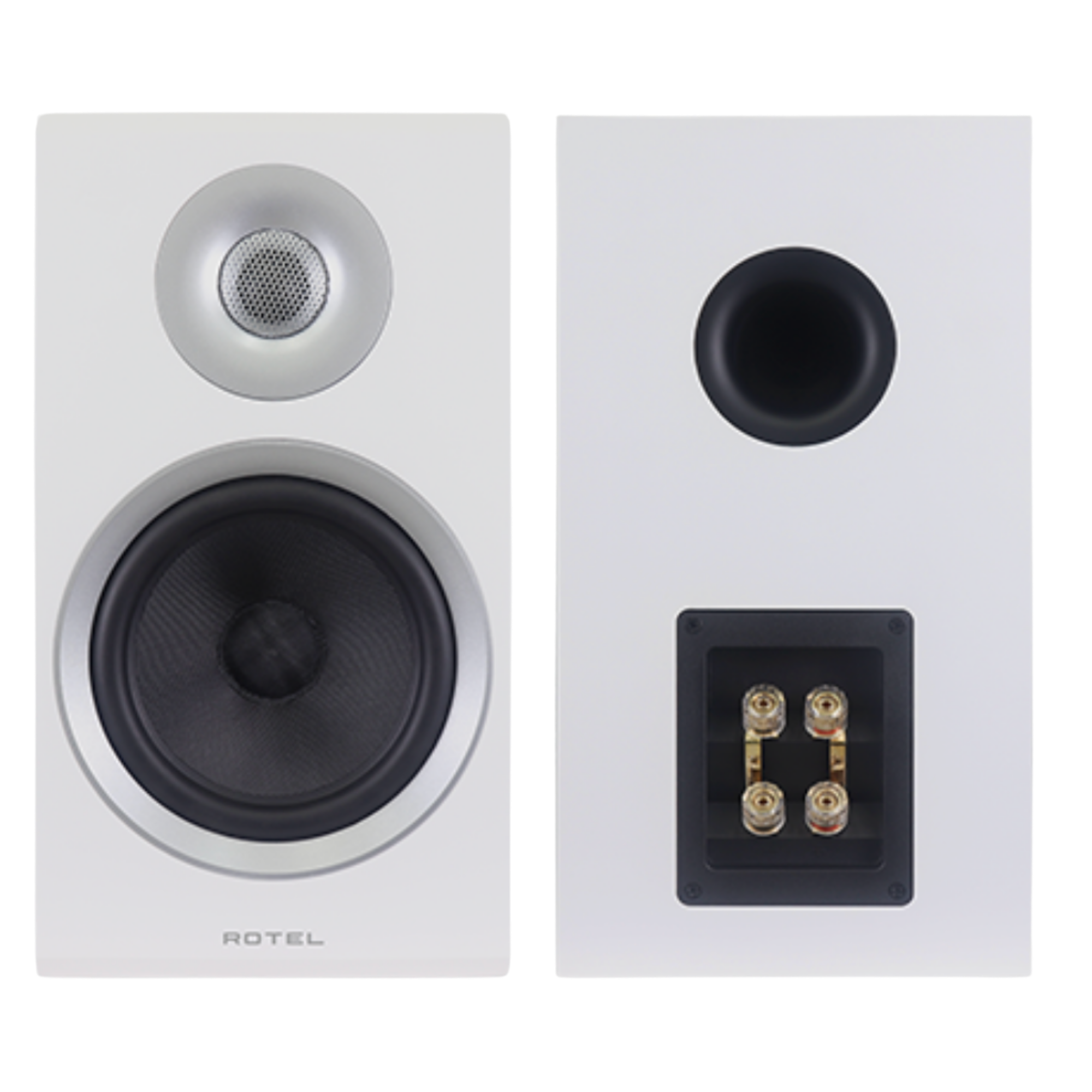 Rotel Amora 5 Bookshelf Speakers.  Front and back of speakers in White