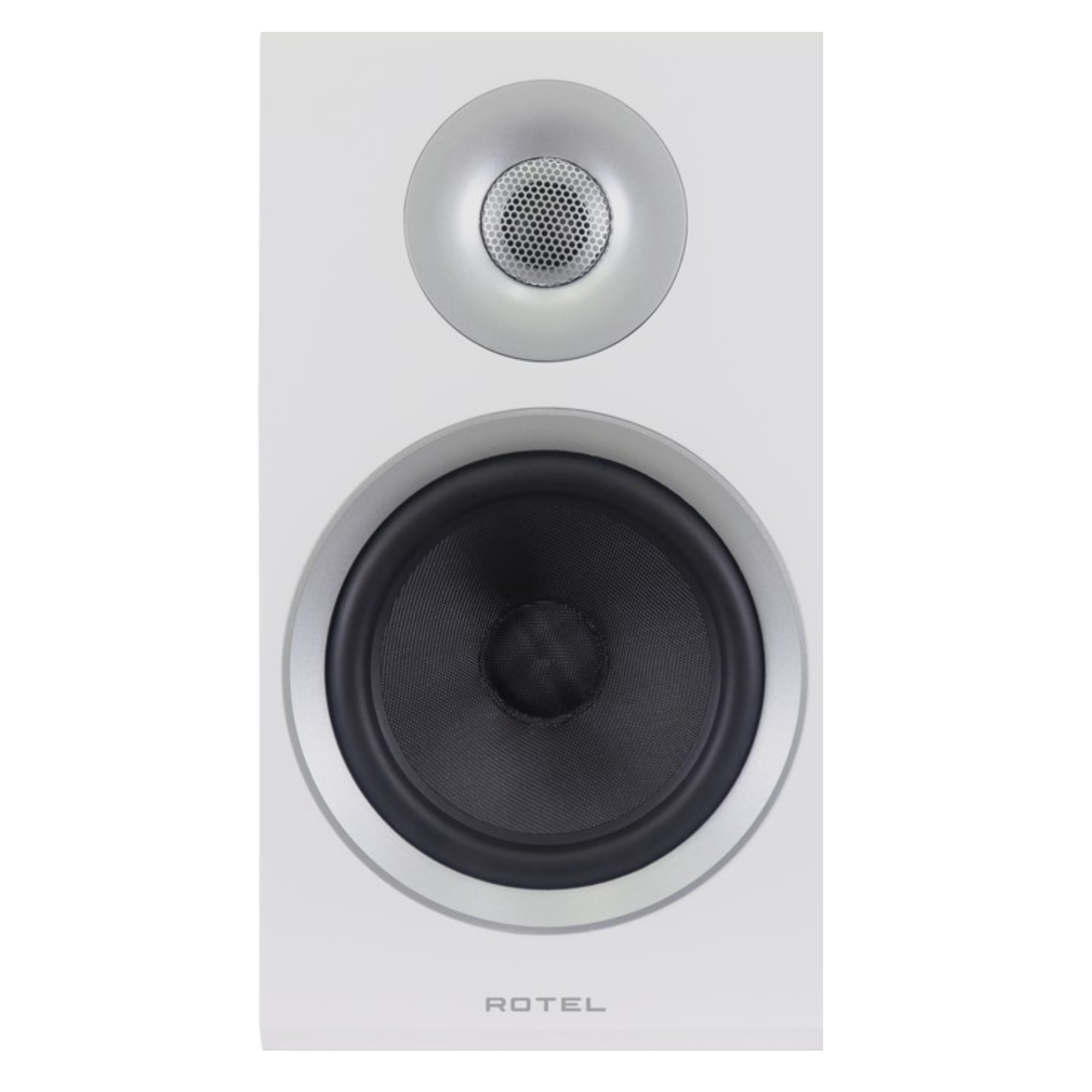 Rotel Amora 5 Bookshelf Speakers.  Front of individual speaker in White shown, without grille