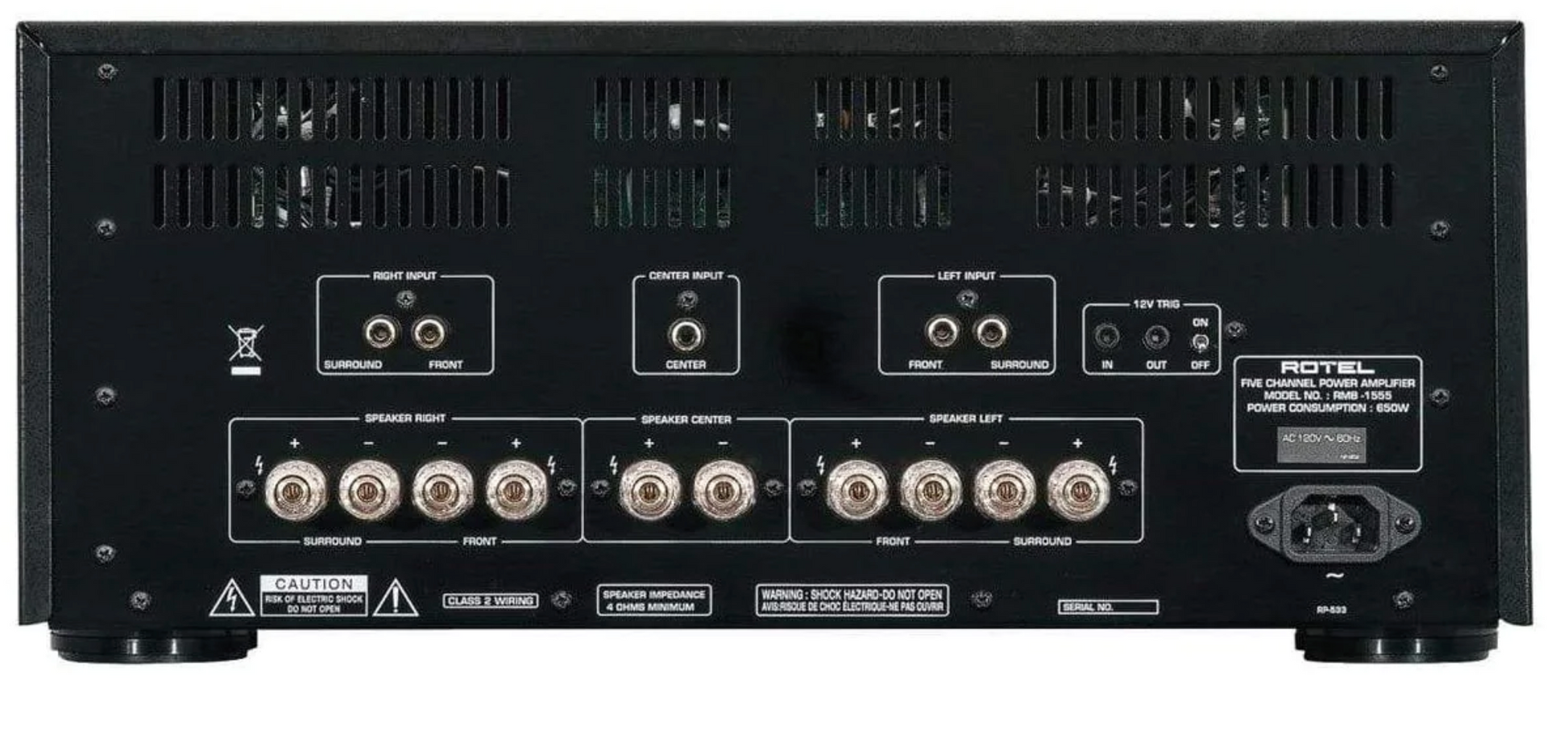 Rotel RMB-1555 Multichannel Surround Power Amplifier, rear black panel