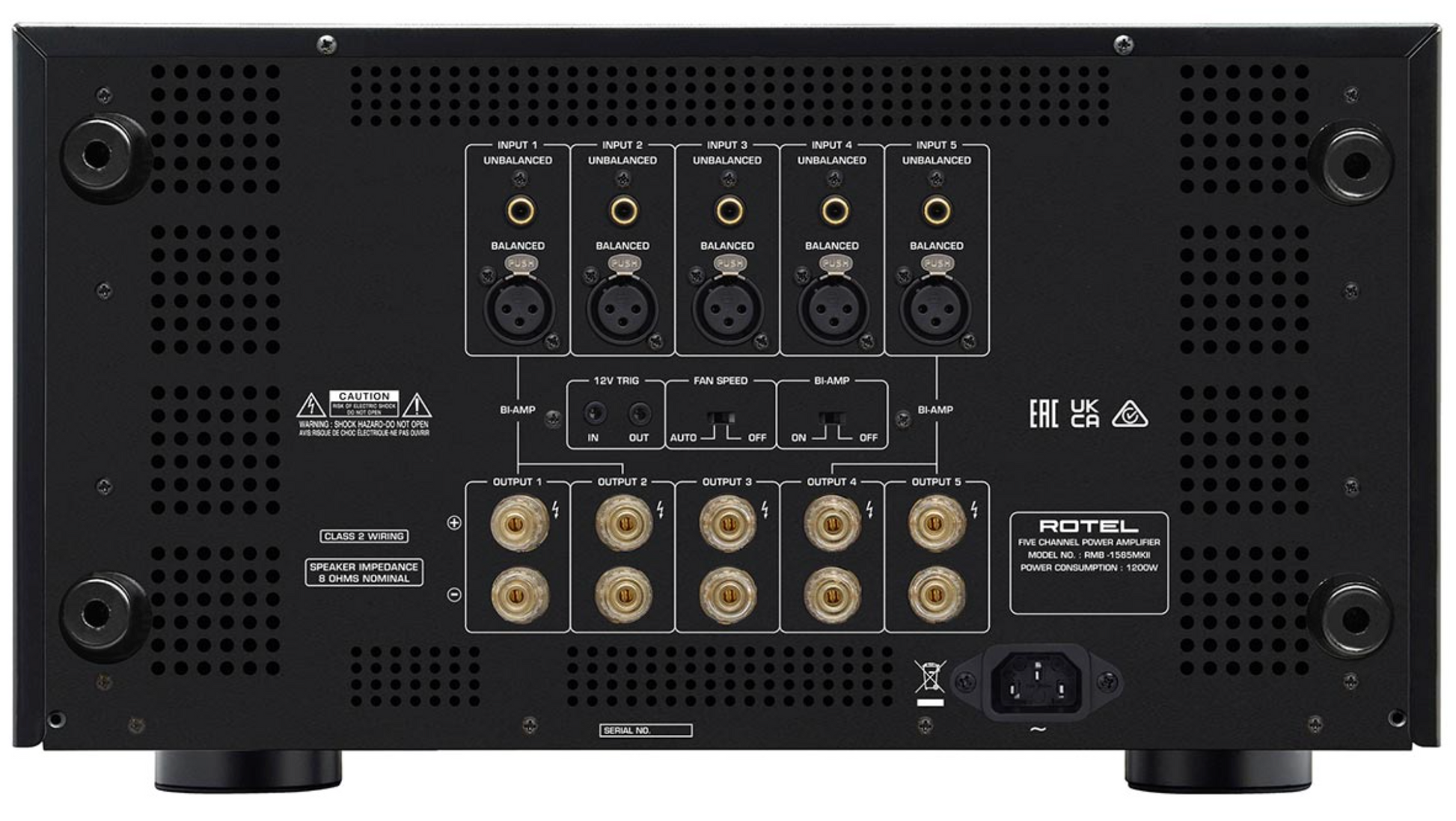 Rotel RMB-1587 MKII Multi-Channel Power Amplifier. Black rear panel image