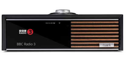 Ruark Audio R610 Music Console in Satin Charcoal Lacquer  with Walnut Slat Trim, front view
