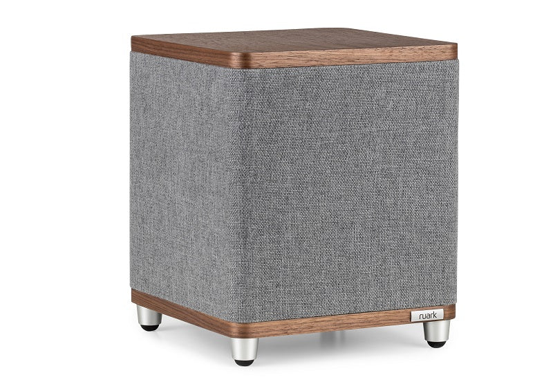 Ruark Audio RS1 Subwoofer rich Walnut top and bottom and Grey cabinet cloth. Angled image