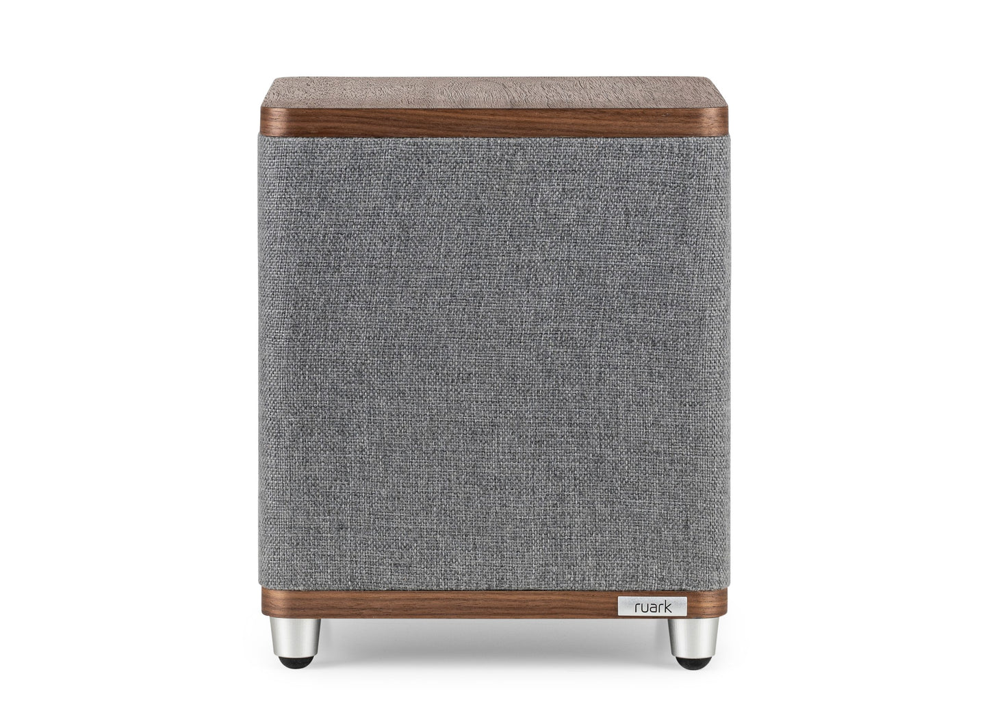 Ruark Audio RS1 Subwoofer rich Walnut top and bottom and Grey cabinet cloth. Front image