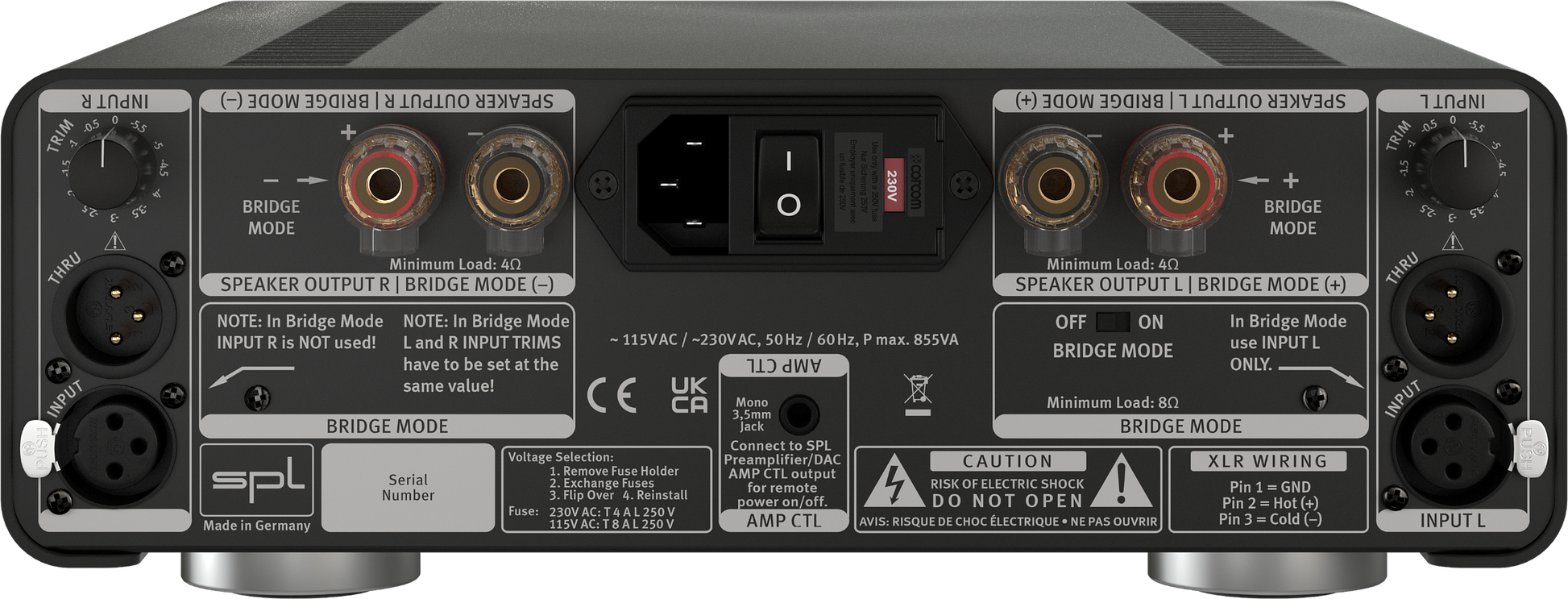 SPL Audio Performer s800 Stereo Power Amplifier in black, rear image