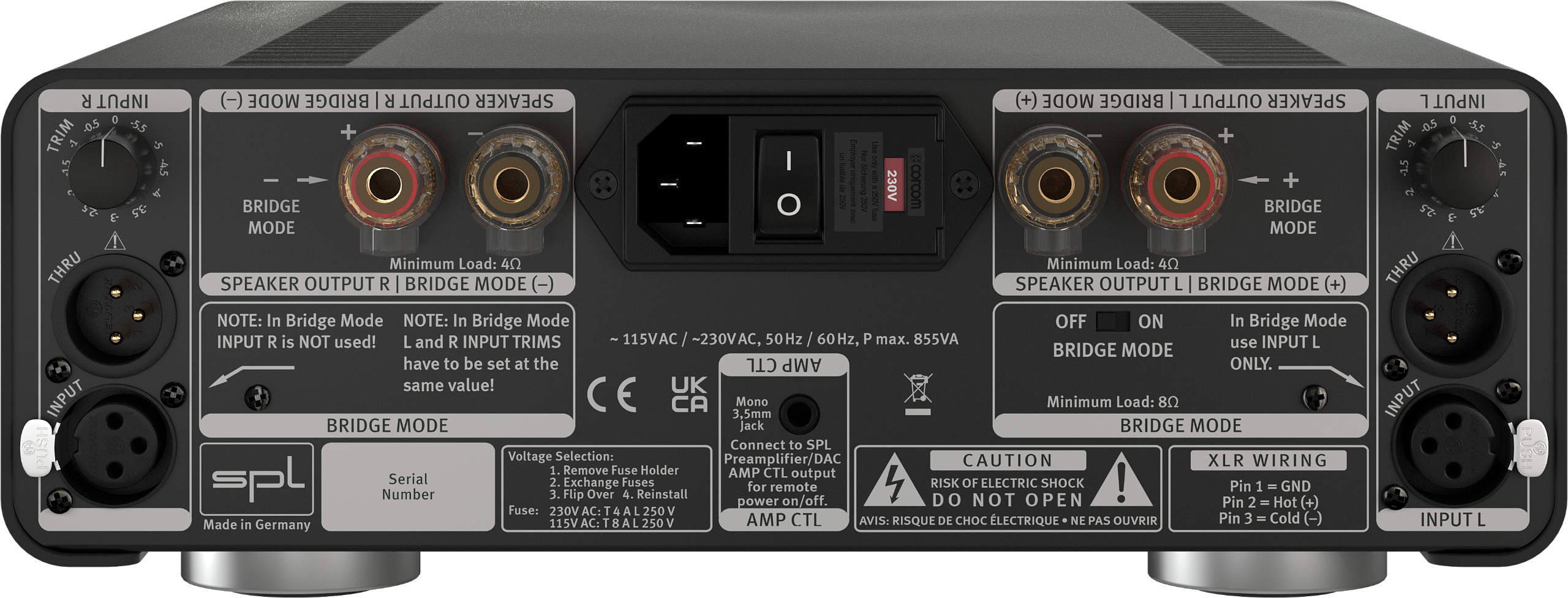 SPL Audio Performer s800 Stereo Power Amplifier in black, rear image