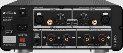 SPL Audio Performer s900 Stereo Power Amplifier in black, back of unit