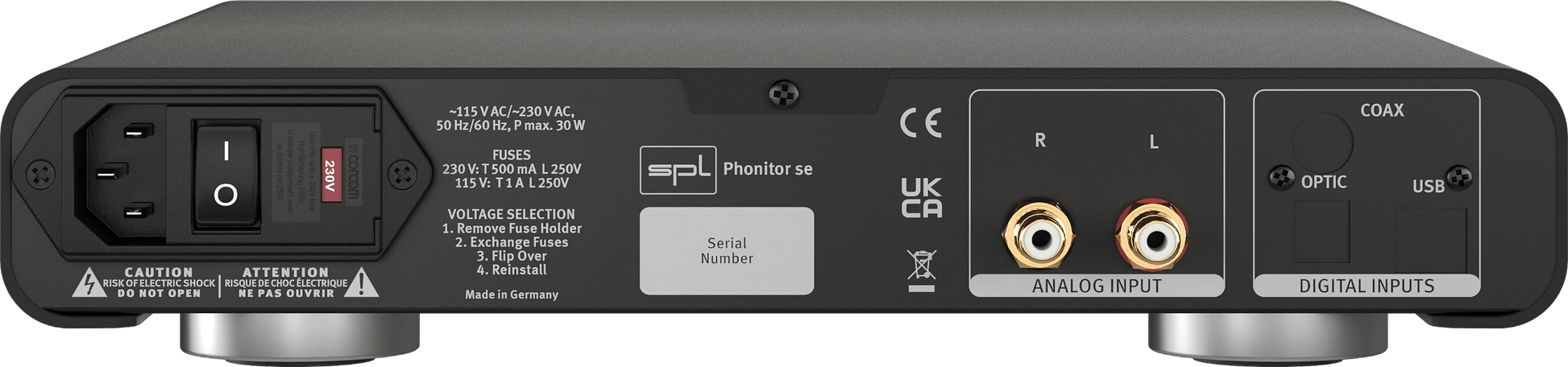 SPL Audio Phonitor se Headphone Amplifier with optional DAC 768xs. Image shows rear of option without DAC