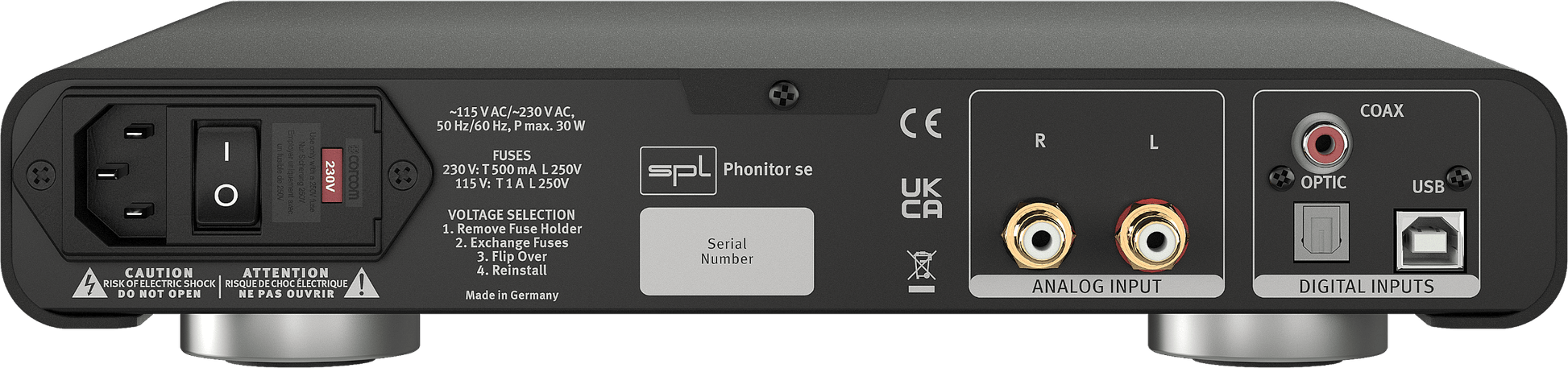 SPL Audio Phonitor se Headphone Amplifier with optional DAC 768xs. Image shows rear of option with DAC 768xs