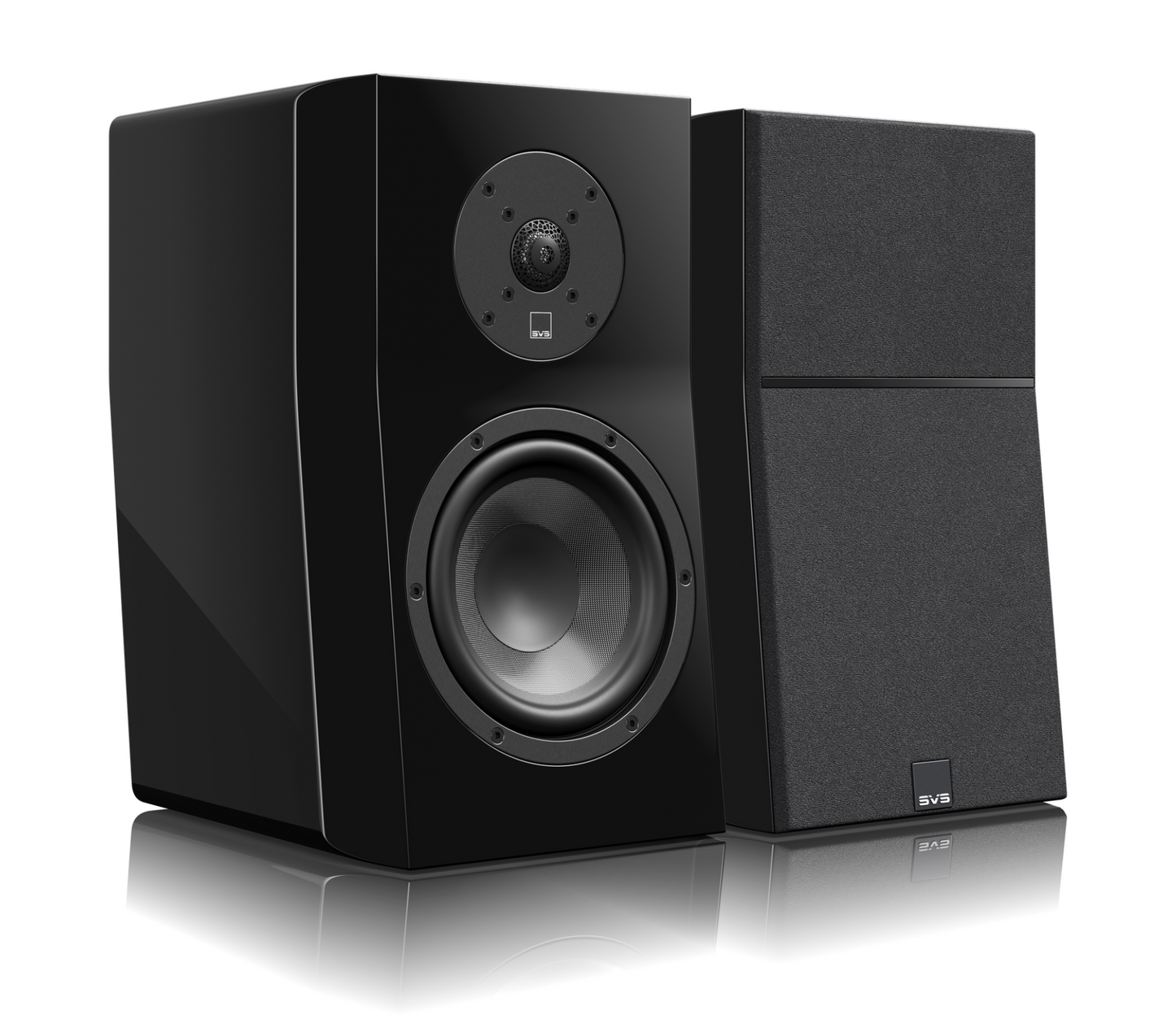 SVS Ultra Evolution Bookshelf Speakers, Piano Gloss Black, pair, without and with grille