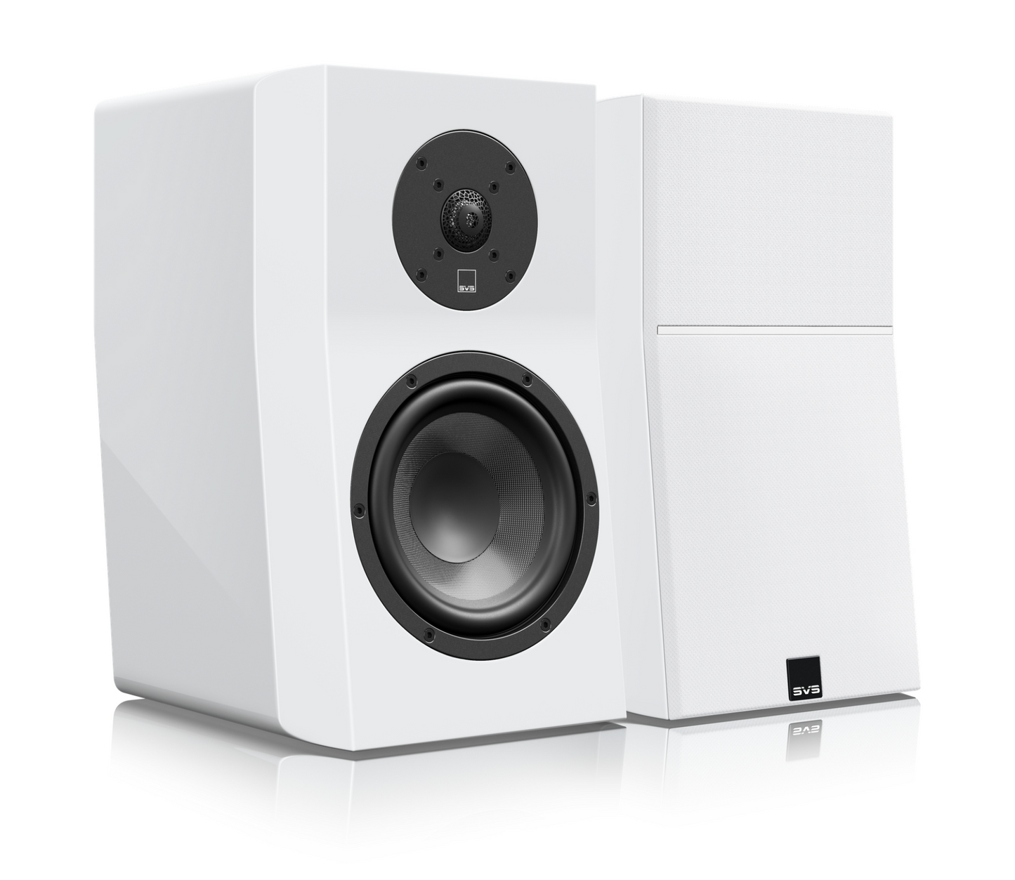 SVS Ultra Evolution Bookshelf Speakers, Piano Gloss White pair, without and with grille