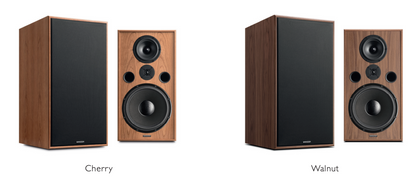 Spendor Classic 100 Bookshelf Speakers.  Image shows both finishes, side by side