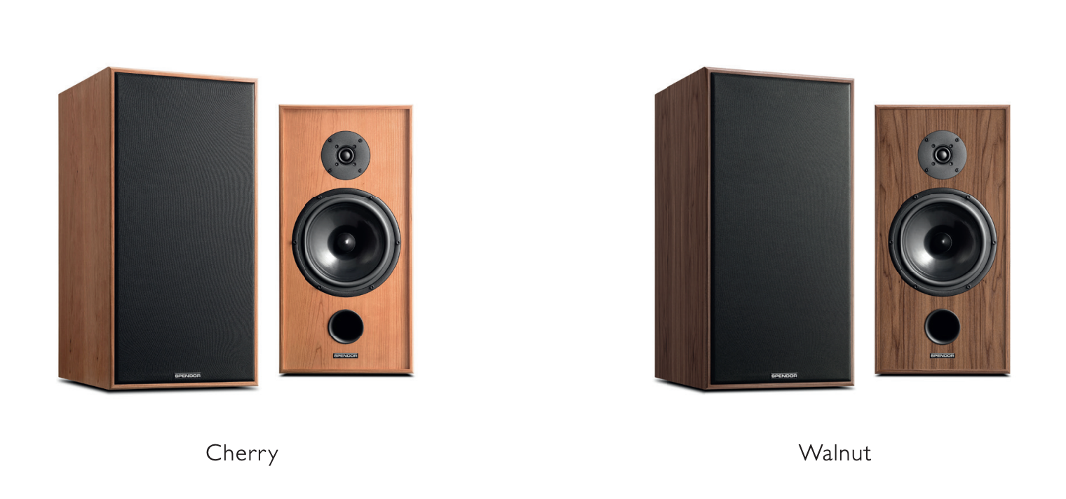 Spendor Classic 2/3 Bookshelf Speakers.  Image shows different finishes available