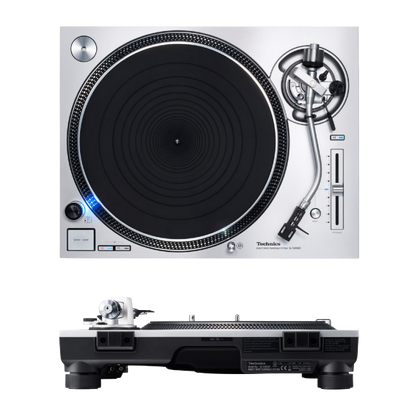 Technics SL 1200GREB Grand Class Turntable in silver. Top and side image