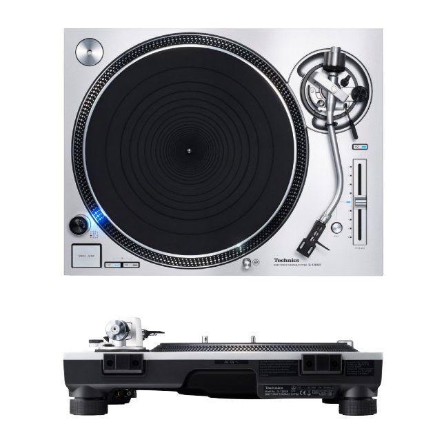 Technics SL 1200GREB Grand Class Turntable in silver. Top and side image
