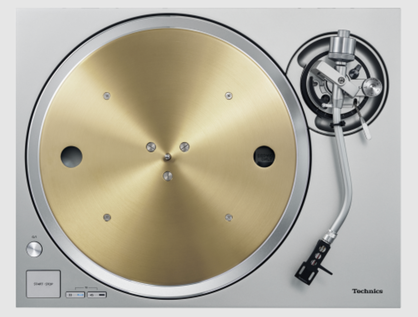 Technics SL-1300G Grand Class Turntable in silver, overhead view