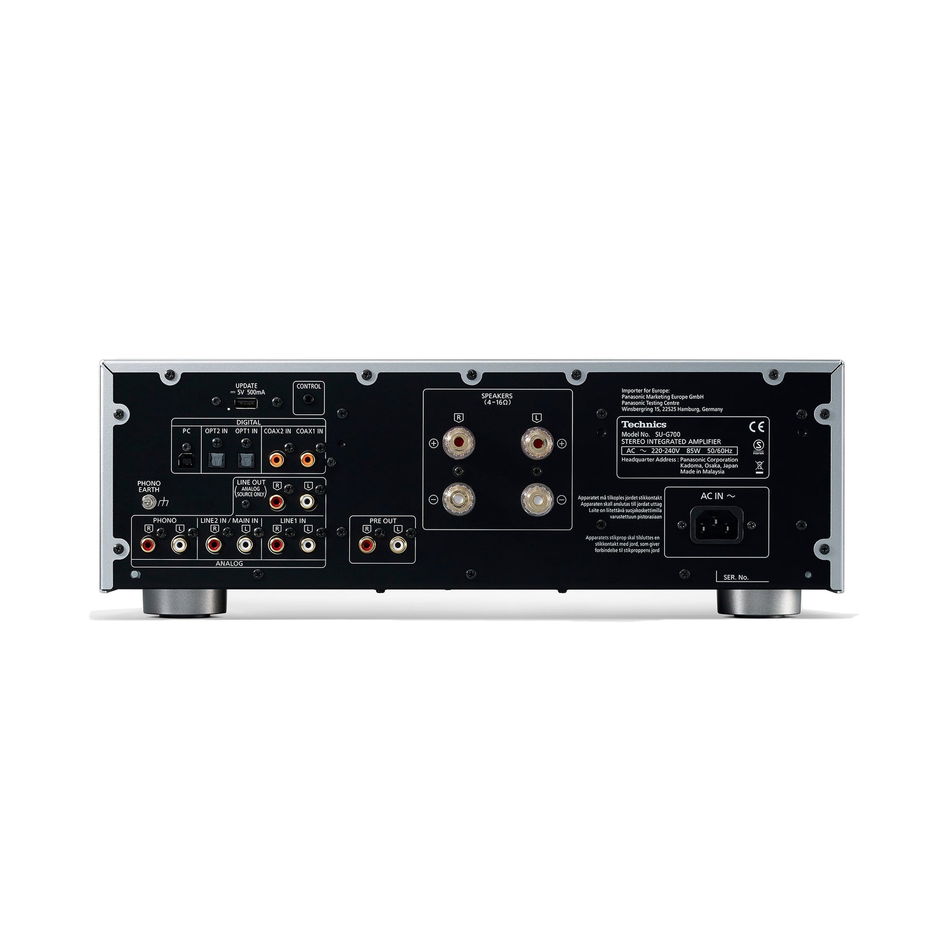Technics SU-G700M2E Grand Class 2 Channel Stereo Amplifier in silver, rear panel