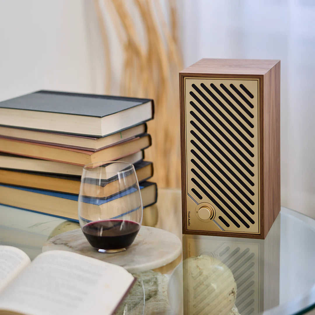 The Tivoli Audio Model Two Digital, classic design meets modern technology. Walnut/Gold sideways image