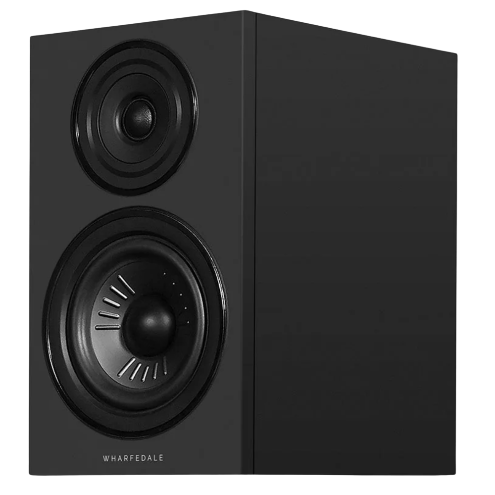 Wharfedale Diamond 12.2i Bookshelf Speakers. Angled view of individual speaker shown in Black without grille.