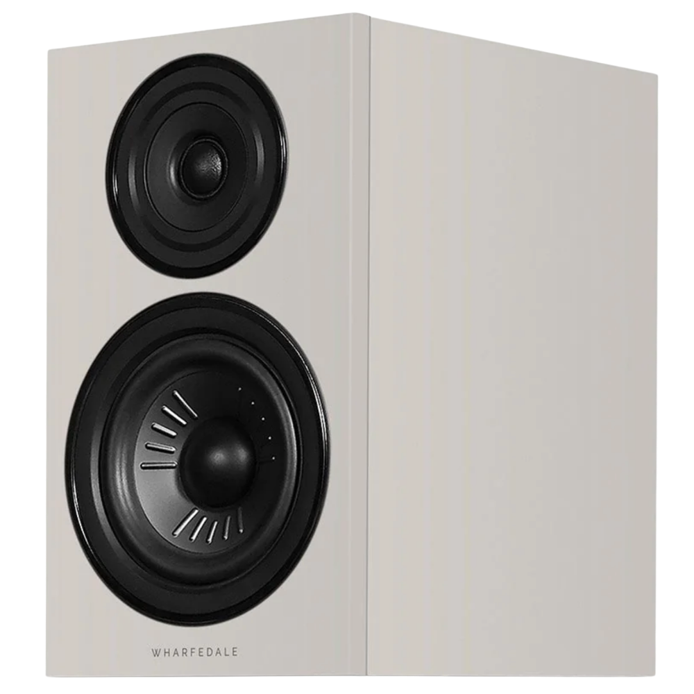 Wharfedale Diamond 12.2i Bookshelf Speakers. Angled view of individual speaker shown in Grey without grille.