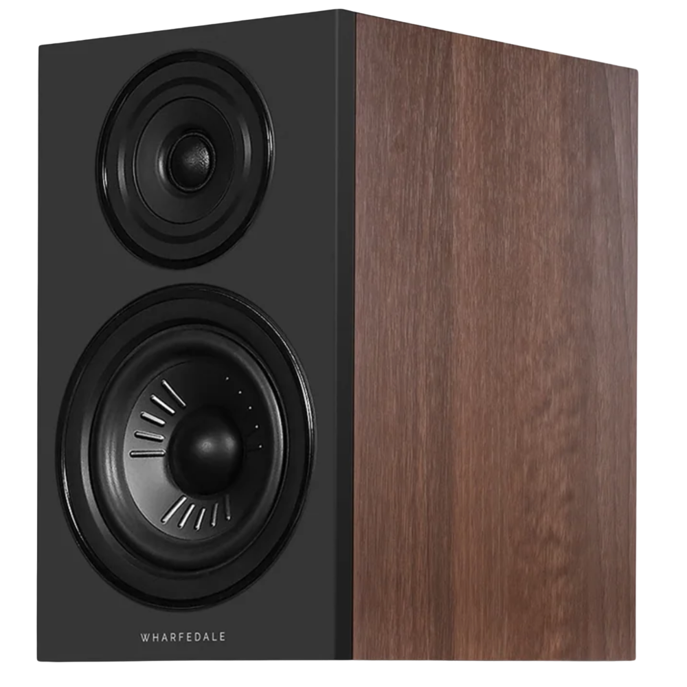 Wharfedale Diamond 12.2i Bookshelf Speakers. Angled view of individual speaker shown in Walnut without grille.