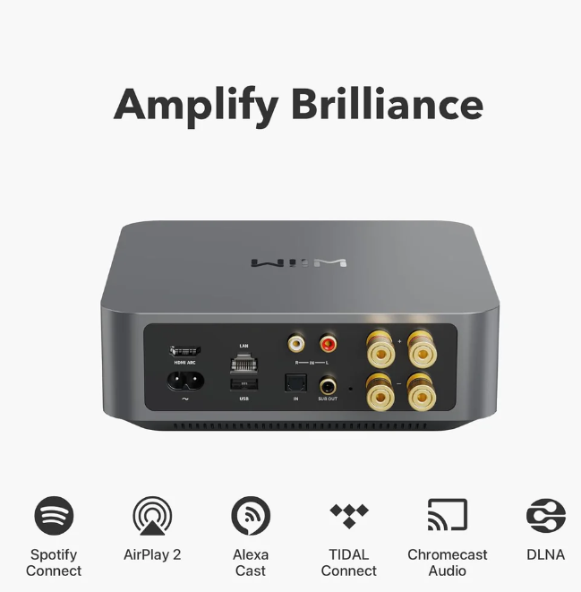 WiiM Amp Multiroom Stereo Streaming Amplifier.  Image of back with streaming apps