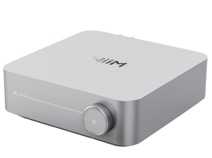 WiiM Amp Multi-room Stereo Streaming Amplifier.  Image of front in Silver